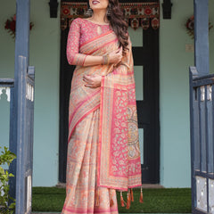 Peach and Pink Handloom Cotton-Linen Saree with Mythological Motifs and Floral Pallu