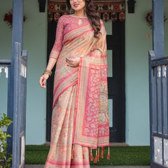 Peach and Pink Handloom Cotton-Linen Saree with Mythological Motifs and Floral Pallu