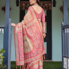 Peach and Pink Handloom Cotton-Linen Saree with Mythological Motifs and Floral Pallu