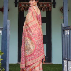 Peach and Pink Handloom Cotton-Linen Saree with Mythological Motifs and Floral Pallu