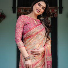 Peach and Pink Handloom Cotton-Linen Saree with Mythological Motifs and Floral Pallu