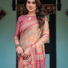 Peach and Pink Handloom Cotton-Linen Saree with Mythological Motifs and Floral Pallu