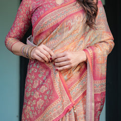 Peach and Pink Handloom Cotton-Linen Saree with Mythological Motifs and Floral Pallu