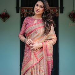Peach and Pink Handloom Cotton-Linen Saree with Mythological Motifs and Floral Pallu