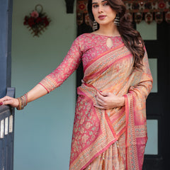Peach and Pink Handloom Cotton-Linen Saree with Mythological Motifs and Floral Pallu