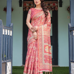 Crimson Red Handloom Cotton-Linen Saree with Mythological Motifs and Floral Border