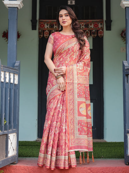 Crimson Red Handloom Cotton-Linen Saree with Mythological Motifs and Floral Border