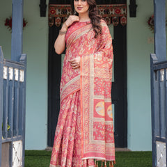 Crimson Red Handloom Cotton-Linen Saree with Mythological Motifs and Floral Border