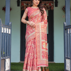 Crimson Red Handloom Cotton-Linen Saree with Mythological Motifs and Floral Border