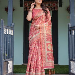Crimson Red Handloom Cotton-Linen Saree with Mythological Motifs and Floral Border