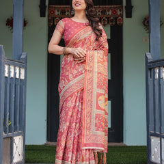 Crimson Red Handloom Cotton-Linen Saree with Mythological Motifs and Floral Border