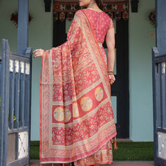 Crimson Red Handloom Cotton-Linen Saree with Mythological Motifs and Floral Border