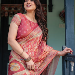 Crimson Red Handloom Cotton-Linen Saree with Mythological Motifs and Floral Border