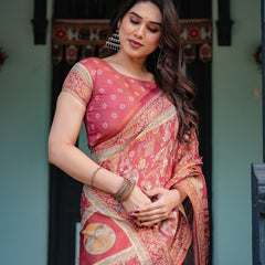 Crimson Red Handloom Cotton-Linen Saree with Mythological Motifs and Floral Border