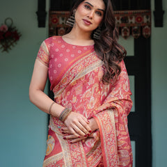 Crimson Red Handloom Cotton-Linen Saree with Mythological Motifs and Floral Border