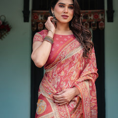 Crimson Red Handloom Cotton-Linen Saree with Mythological Motifs and Floral Border