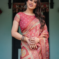 Crimson Red Handloom Cotton-Linen Saree with Mythological Motifs and Floral Border