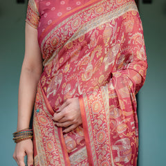Crimson Red Handloom Cotton-Linen Saree with Mythological Motifs and Floral Border
