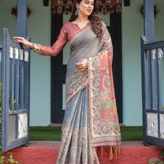 Slate Blue Handloom Cotton-Linen Saree with Vibrant Folk Motifs and Floral Pallu