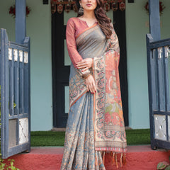 Slate Blue Handloom Cotton-Linen Saree with Vibrant Folk Motifs and Floral Pallu