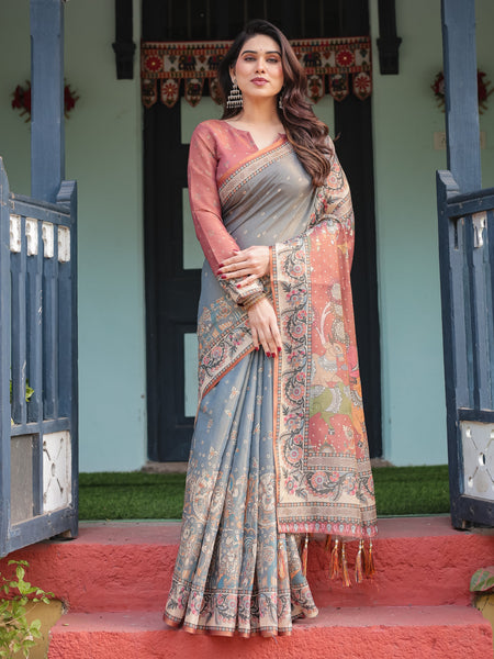 Slate Blue Handloom Cotton-Linen Saree with Vibrant Folk Motifs and Floral Pallu