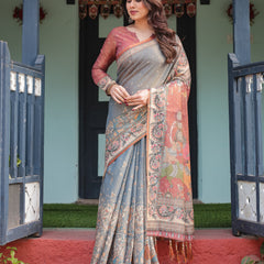 Slate Blue Handloom Cotton-Linen Saree with Vibrant Folk Motifs and Floral Pallu