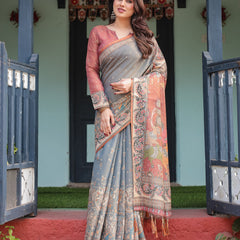 Slate Blue Handloom Cotton-Linen Saree with Vibrant Folk Motifs and Floral Pallu