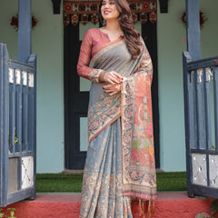 Slate Blue Handloom Cotton-Linen Saree with Vibrant Folk Motifs and Floral Pallu