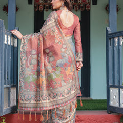 Slate Blue Handloom Cotton-Linen Saree with Vibrant Folk Motifs and Floral Pallu