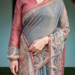 Slate Blue Handloom Cotton-Linen Saree with Vibrant Folk Motifs and Floral Pallu