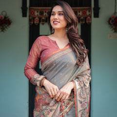 Slate Blue Handloom Cotton-Linen Saree with Vibrant Folk Motifs and Floral Pallu