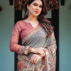 Slate Blue Handloom Cotton-Linen Saree with Vibrant Folk Motifs and Floral Pallu