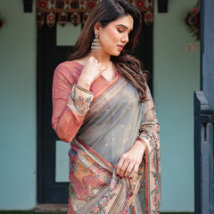 Slate Blue Handloom Cotton-Linen Saree with Vibrant Folk Motifs and Floral Pallu