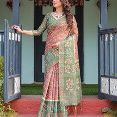 Green and Red Handloom Cotton-Linen Saree with Elephant Motifs and Floral Detailing