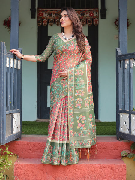 Green and Red Handloom Cotton-Linen Saree with Elephant Motifs and Floral Detailing