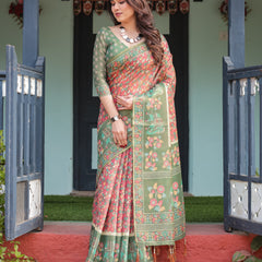 Green and Red Handloom Cotton-Linen Saree with Elephant Motifs and Floral Detailing