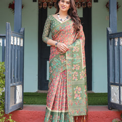 Green and Red Handloom Cotton-Linen Saree with Elephant Motifs and Floral Detailing