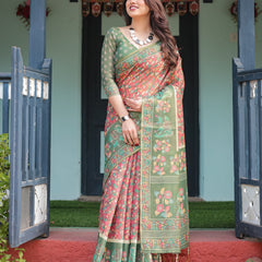 Green and Red Handloom Cotton-Linen Saree with Elephant Motifs and Floral Detailing