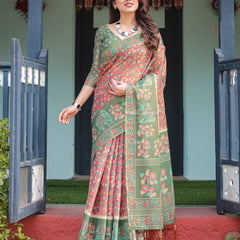 Green and Red Handloom Cotton-Linen Saree with Elephant Motifs and Floral Detailing