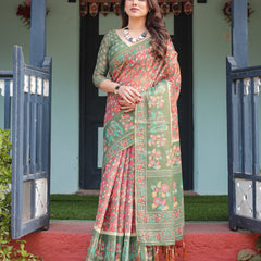 Green and Red Handloom Cotton-Linen Saree with Elephant Motifs and Floral Detailing