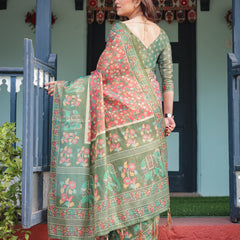 Green and Red Handloom Cotton-Linen Saree with Elephant Motifs and Floral Detailing