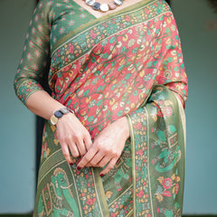 Green and Red Handloom Cotton-Linen Saree with Elephant Motifs and Floral Detailing