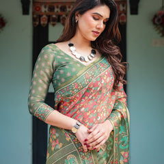 Green and Red Handloom Cotton-Linen Saree with Elephant Motifs and Floral Detailing