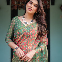 Green and Red Handloom Cotton-Linen Saree with Elephant Motifs and Floral Detailing