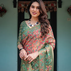 Green and Red Handloom Cotton-Linen Saree with Elephant Motifs and Floral Detailing