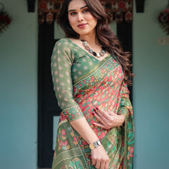 Green and Red Handloom Cotton-Linen Saree with Elephant Motifs and Floral Detailing