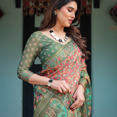 Green and Red Handloom Cotton-Linen Saree with Elephant Motifs and Floral Detailing