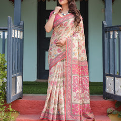 Cream and Pink Handloom Cotton-Linen Saree with Vibrant Floral and Elephant Motifs