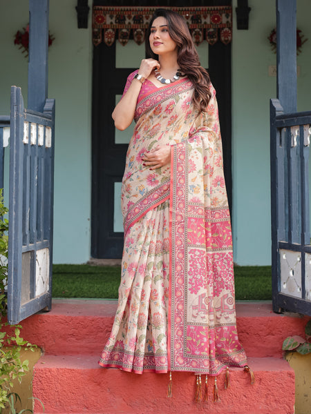 Cream and Pink Handloom Cotton-Linen Saree with Vibrant Floral and Elephant Motifs