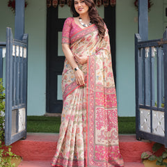 Cream and Pink Handloom Cotton-Linen Saree with Vibrant Floral and Elephant Motifs